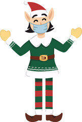 Funny elf happily waving hand while wearing protective face mask. Elf ready for Christmas while wearing mask cause of pandemic. Modern elf in Christmas flat vector illustration. 2021 New normal.