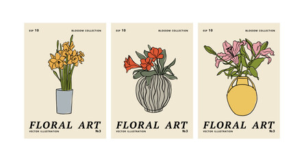 Vector illustration set of ink floral posters with different flowers and vase. Art for for prints, wall art, banner, background.