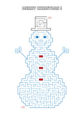 Snowman shaped labyrinth with entry and One exit. Kids Merry Christmas activity page. Line maze game. Medium complexity. Holiday Kids maze puzzle, vector illustration