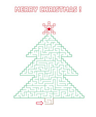 Christmas tree shaped labyrinth. Kids Merry Christmas activity page. Line maze game. Medium complexity. Holiday Kids maze puzzle, vector illustration