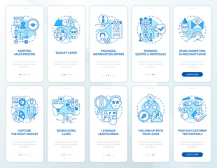 Lead conversion process blue onboarding mobile app screen set. Walkthrough 5 steps editable graphic instructions with linear concepts. UI, UX, GUI template. Myriad Pro-Bold, Regular fonts used