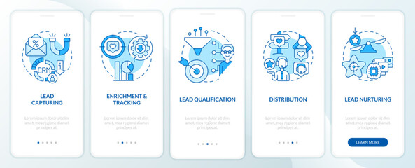 Fototapeta na wymiar Lead management process blue onboarding mobile app screen. Promotion walkthrough 5 steps editable graphic instructions with linear concepts. UI, UX, GUI template. Myriad Pro-Bold, Regular fonts used