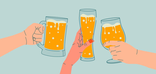 Outline drawing, cheers. Woman’s and man's hands holding glass of beer. Flat illustration for greeting cards, postcards, invitations, menu design. Line art template