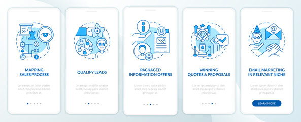 Fototapeta na wymiar Process of lead conversion blue onboarding mobile app screen. Walkthrough 5 steps editable graphic instructions with linear concepts. UI, UX, GUI template. Myriad Pro-Bold, Regular fonts used