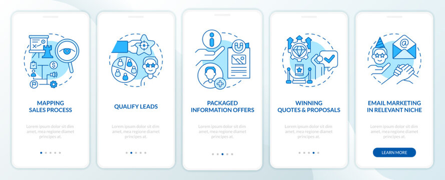 Process of lead conversion blue onboarding mobile app screen. Walkthrough 5 steps editable graphic instructions with linear concepts. UI, UX, GUI template. Myriad Pro-Bold, Regular fonts used