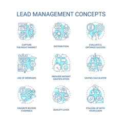 Lead management turquoise concept icons set. Marketing strategy for business idea thin line color illustrations. Isolated symbols. Editable stroke. Roboto-Medium, Myriad Pro-Bold fonts used
