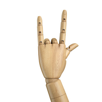 Wooden dummy hand showing heavy metal gesture