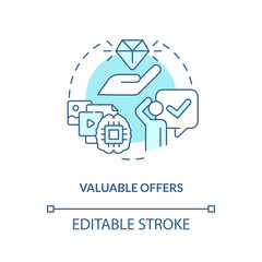 Valuable offers turquoise concept icon. Customer interest. Lead nurturing campaign abstract idea thin line illustration. Isolated outline drawing. Editable stroke. Arial, Myriad Pro-Bold fonts used
