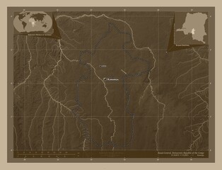 Kasai-Central, Democratic Republic of the Congo. Sepia. Labelled points of cities