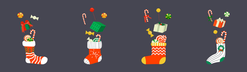 Set of different party socks with candies and gifts. Christmas candy set for kids. Collection of vector sweets - lollipops, caramel, cane. Cute vector illustration Merry Christmas and Happy New Year