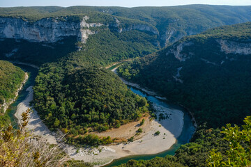 A famous tourist destination in southern France. Ardeche Gorge and River, Saint Remeze. View from the observation deck.