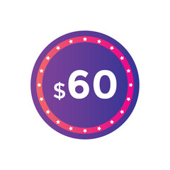 Monthly 60 Dollar price tag or sticker. sixty dollars sales tag. shopping promotion marketing concept. sale promotion Price Sticker Design
