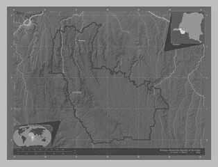 Kwango, Democratic Republic of the Congo. Grayscale. Labelled points of cities