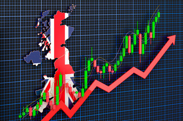 Economic growth in the Great Britain, uptrend market, concept. 3D rendering