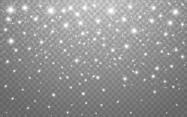 Snow background on transparent backdrop. Bright white snowflakes and sparks. Winter design template. Magic falling dust effect. Festive Christmas texture. Vector illustration