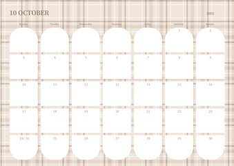 October calendar design template with check pattern background in modern and classic style.