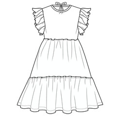 girls tiered maxi frill dress flat sketch vector illustration - obrazy, fototapety, plakaty