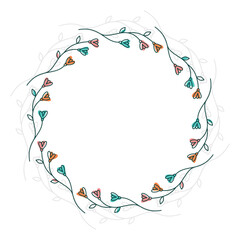 Floral decorative wreath isolated on white background, round frame in blue color, vector drawing for greeting card, invitation.