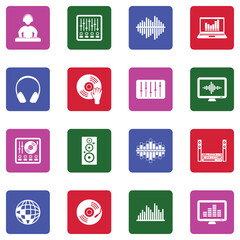 Electronic Music Icons. White Flat Design In Square. Vector Illustration.