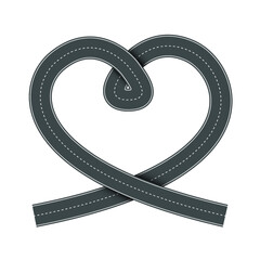Vector illustration of heart shaped road with white markings isolated on white background. Empty heart shaped asphalt road in top view. Valentine Day template.