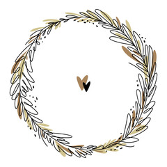 Floral decorative wreath drawn with black contour line in doodle style in pastel colors on white background, round frame, vector illustration for greeting card, invitation.