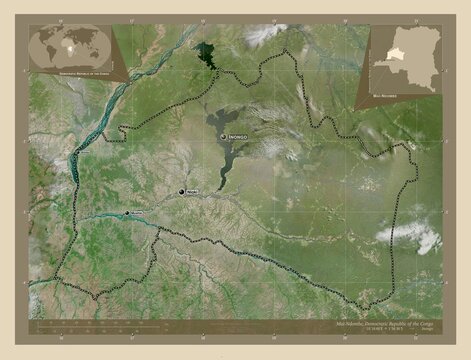 Mai-Ndombe, Democratic Republic of the Congo. High-res satellite. Labelled points of cities