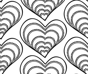 Abstract vector seamless floral background of doodle hand drawn lines. Monochrome wave pattern. Coloring book page. Black white heart wallpaper.