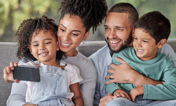 Child with smartphone for family portrait selfie on sofa with mother and father for social media or online digital gallery. Happiness, love and quality time with mother, father and kid taking picture