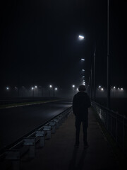 A man walks along the sidewalk on a foggy night and listen to music with headphones.