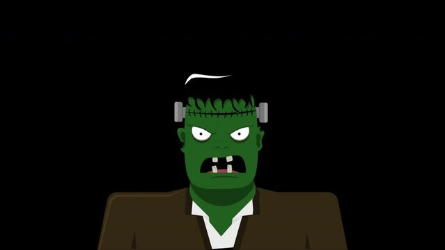 Frankenstein cartoon animation with alpha channel. Animated Halloween character with angry face, lightning. 4K  video.