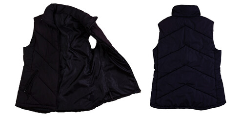 Black winter puffer vest, sleeveless jacket mockup set - down padded vest, front and back view.