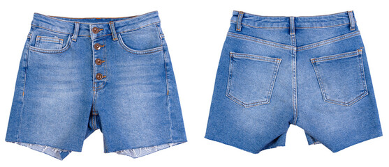 set of denim shorts front and back on a white background isolated, shorts front and rear