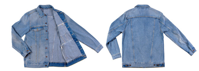 Stylish denim jacket collage front and back isolated on white background, jeans jacket set