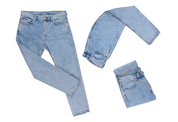 Denim pants - folded, straightened, folded in half isolated on white background