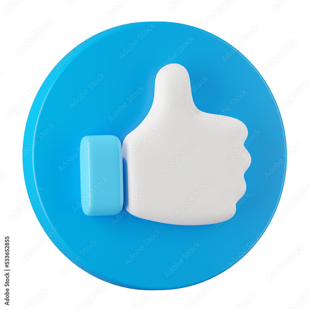 Poster 3d render of blue like icon in circle button, social media concept.