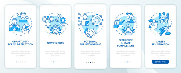 Advantages for mentors blue onboarding mobile app screen. Walkthrough 5 steps editable graphic instructions with linear concepts. UI, UX, GUI template. Myriad Pro-Bold, Regular fonts used