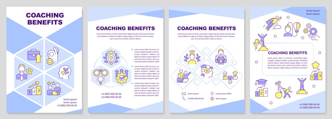 Coaching benefits blue brochure template. Achieve career goals. Leaflet design with linear icons. Editable 4 vector layouts for presentation, annual reports. Arial-Black, Myriad Pro-Regular fonts used