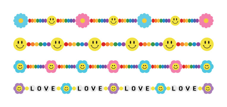 A set of deco border illustrations in a combination of cute and happy smiling smileys and flower shapes. Lines of colorful beads in rainbow colors.