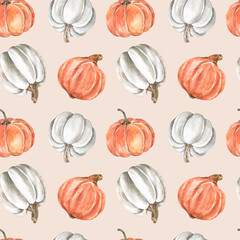 Autumn print with watercolor plants orange and white pumpkins on beige background. Fall-themed seamless pattern.