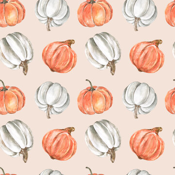 Autumn print with watercolor plants orange and white pumpkins on beige background. Fall-themed seamless pattern.
