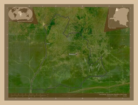 Sud-Ubangi, Democratic Republic of the Congo. Low-res satellite. Labelled points of cities