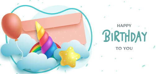 Birthday card vector design. Happy birthday greeting text with paper cut elements for kids party invitation background. Vector Illustration.
