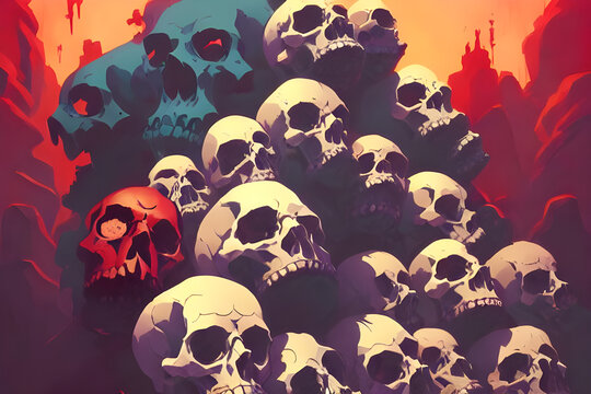 comic poster background with a pile of skulls in hell - hard shadows and vibrant colors in an american comic cover style - illustration - drawing
