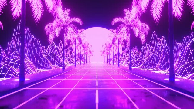 An 80s retro-futuristic sci-fi sunset with low-poly neon terrain and palm trees.