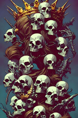 dark comic poster background with a pile of skulls, long hair and a crown - hard shadows and vibrant colors in an american comic cover style - illustration - drawing
