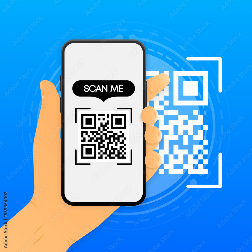 Poster scanning qr code concept. qr code for payment. hand holding phone. vector illustration.