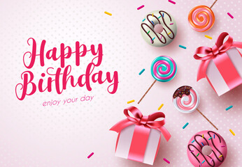 Birthday greeting vector background design. Happy birthday text in pink space with gift boxes, lollipop and donut party elements for birth day celebration decoration. Vector illustration.
