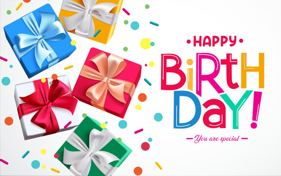 Birthday gifts vector background design. Happy birthday text with colorful gift boxes and sprinkles floating in white space for birth day greeting card decoration. Vector illustration.
