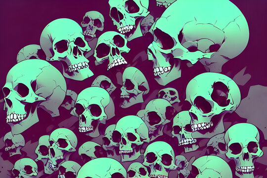 halloween poster background with a pile of skulls - hard shadows and vibrant colors in an american comic cover style - illustration - drawing