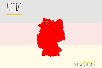 Heide: Illustration einer Markierung der Stadt Heide in den Umrissen von Deutschland im Bundesland Schleswig-Holstein